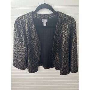 Chico's Travelers Collection 2 Glenda Jacket Black Gold Texture Open Front